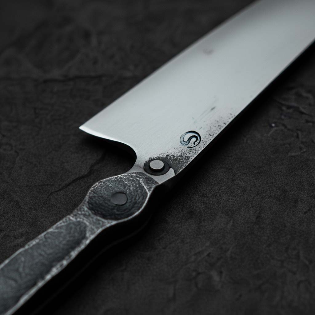 Handgjord Gyuto kockkniv i ett stycke Apex Ultra kolstål med satinfinish och integrerat handtag. Detalj