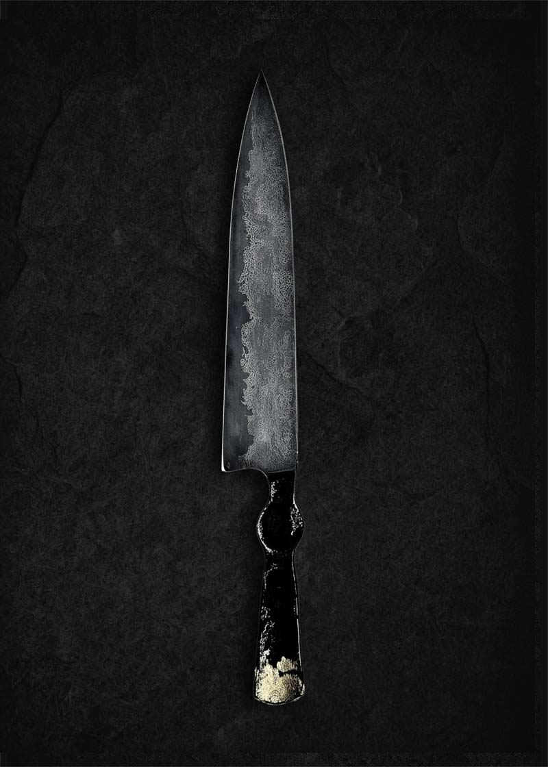 Exklusiv slicer-kniv 'Mr Shadow' i Apex Ultra damaskusstål med 16K guldinlägg på skaftet. Vänster sida