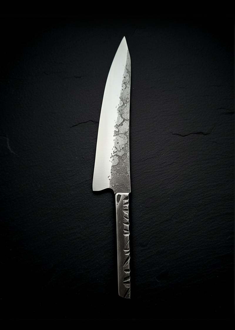 Handsmidd, smidig Santoku-kniv, helt i kolstål. Vänster sida. Smed: Silas Engström