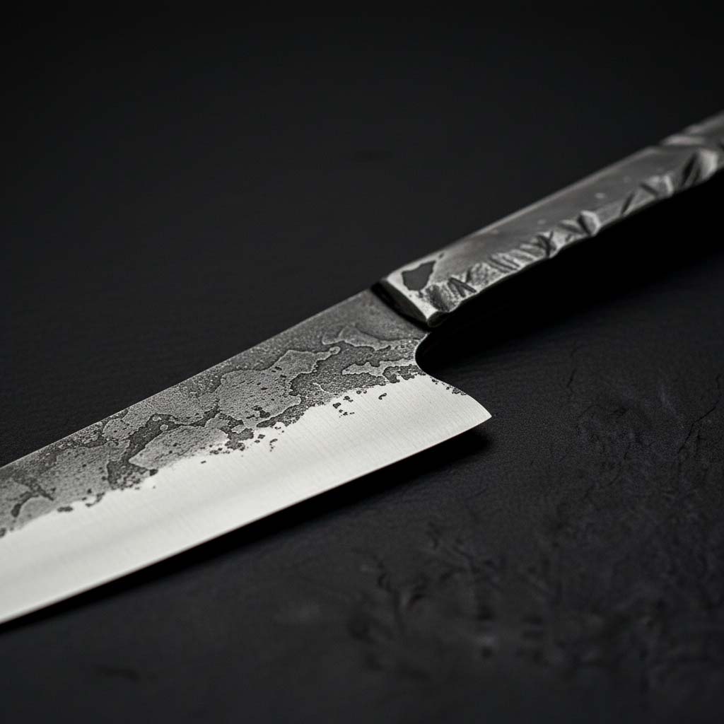 Handsmidd, smidig Santoku-kniv, helt i kolstål. Detaljbild. Smed: Silas Engström